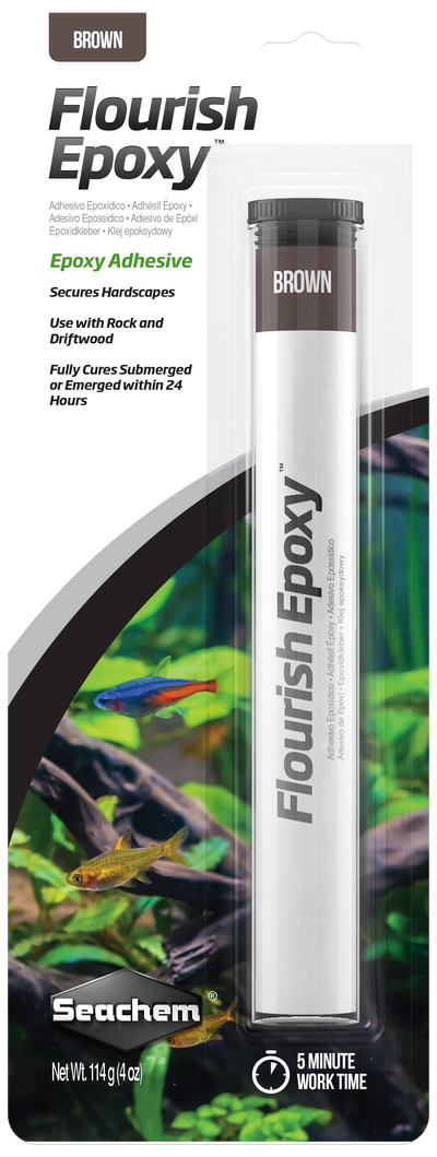 Seachem Flourish Epoxy Brown packaging, two-part aquarium putty for bonding rock and driftwood