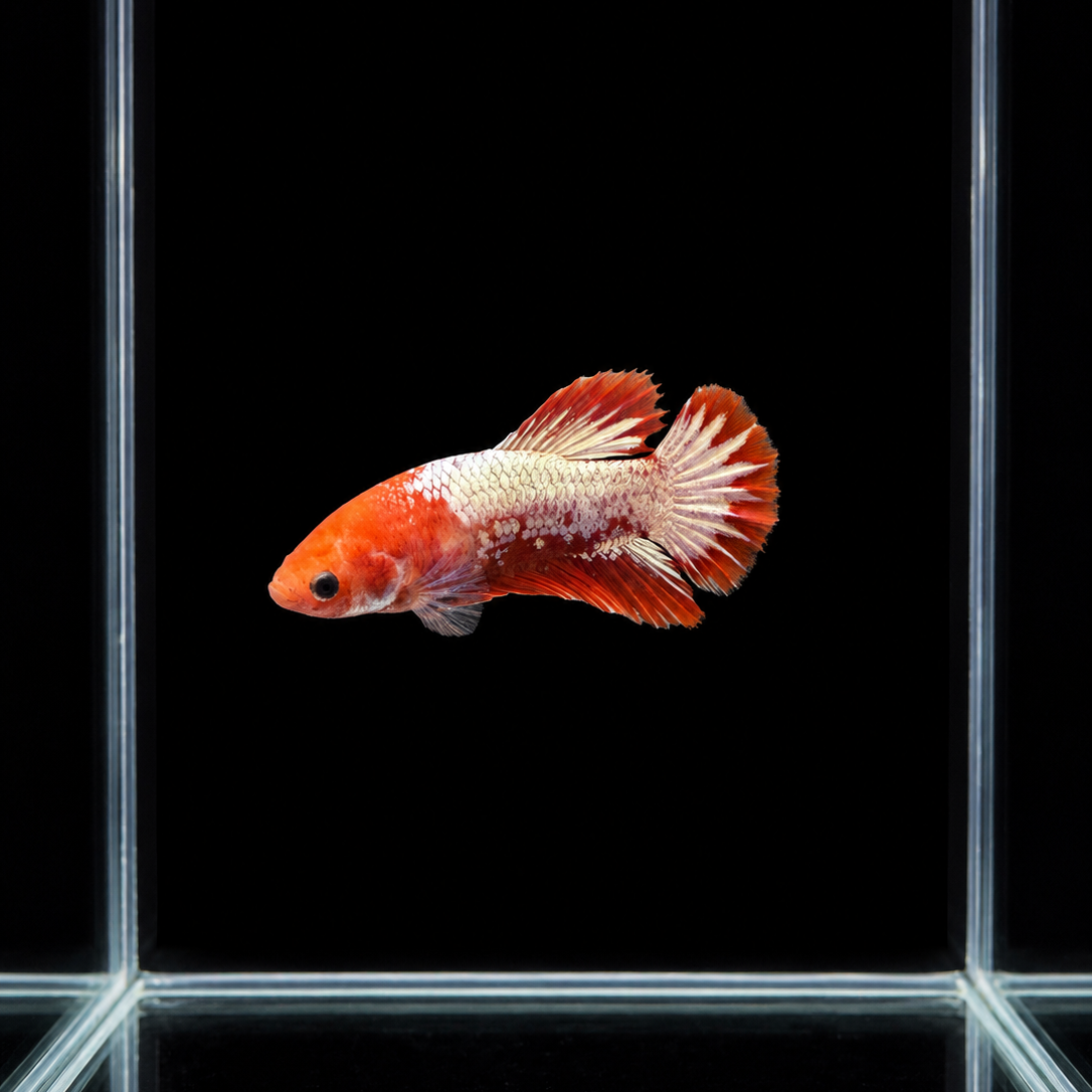 WYSIWYG photo of this exact red cap fancy copper female betta (Betta splendens) in our tank, red head with cream and copper marbled body