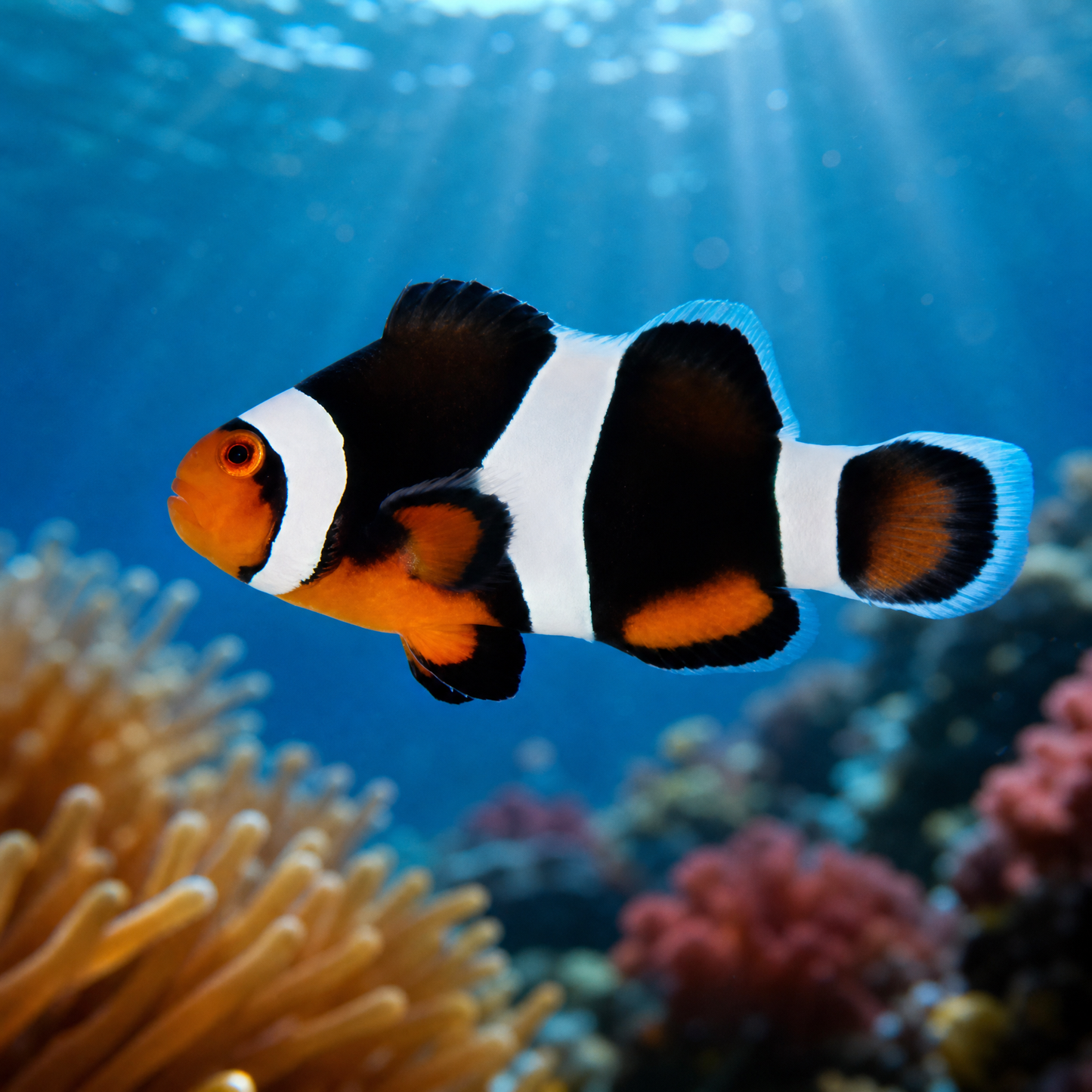 Black Photon Clownfish (Amphiprion ocellaris x percula) captive-bred saltwater hybrid with black body, white bars and orange face