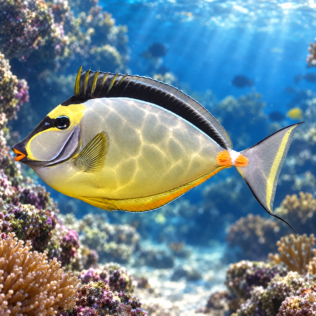 Naso Tang (Naso lituratus) large saltwater reef fish with orange lips and black face mask swimming over coral