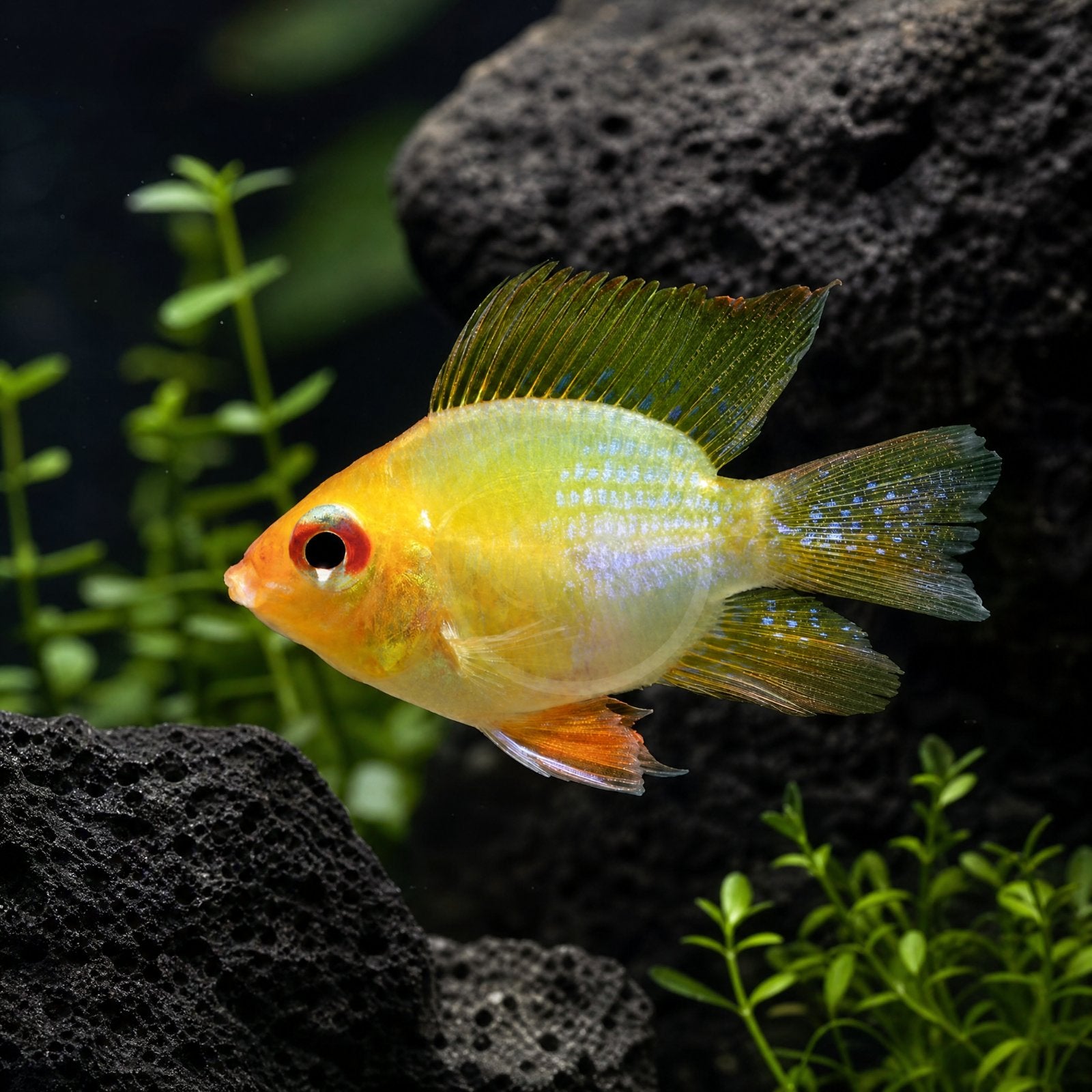 Longfin Fire Gold Balloon Ram (Mikrogeophagus ramirezi) gold dwarf cichlid with red eye, blue speckling and long fins