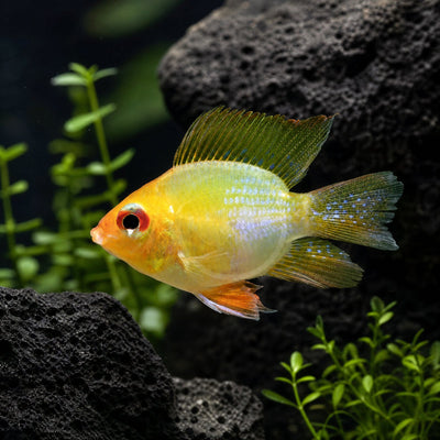 Longfin Fire Gold Balloon Ram (Mikrogeophagus ramirezi) gold dwarf cichlid with red eye, blue speckling and long fins