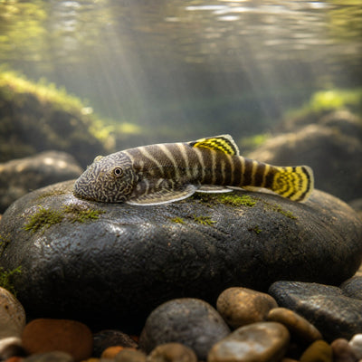 Borneo Yellowfin Hillstream Loach (Gastromyzon viriosus) freshwater sucker loach with yellow banded fins on river stone