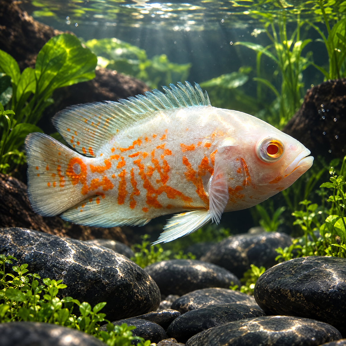 Albino Oscar (Astronotus ocellatus) freshwater cichlid, white body with orange-red marbling and red eyes
