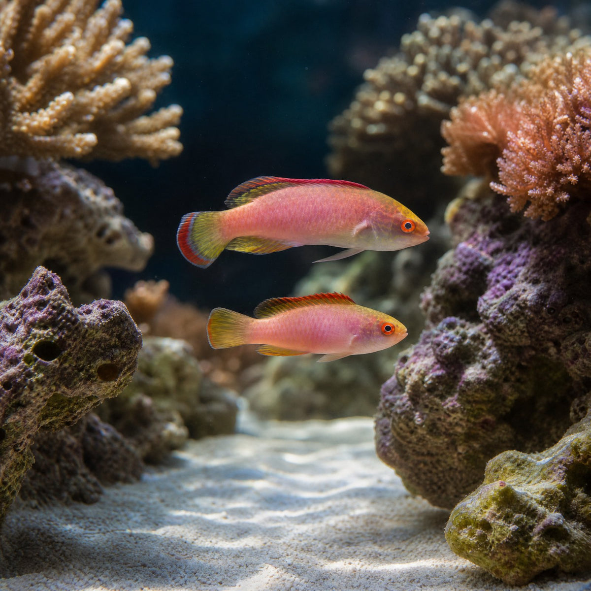 Pink Margin Fairy Wrasse pair (Cirrhilabrus rubrimarginatus), male and female live saltwater reef fish