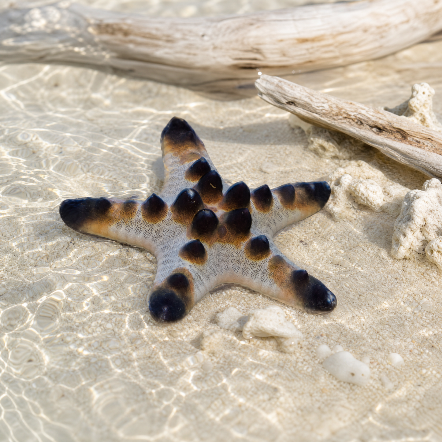 Chocolate Chip Starfish (Protoreaster nodosus) saltwater sea star with dark chocolate-colored spines on a tan body