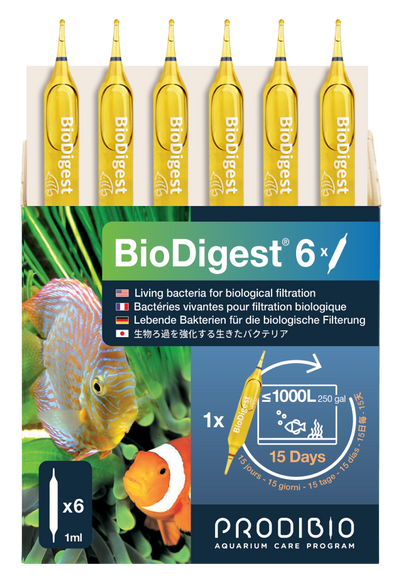 Prodibio BioDigest 6-vial box - live nitrifying and denitrifying bacteria ampoules for freshwater and saltwater aquariums