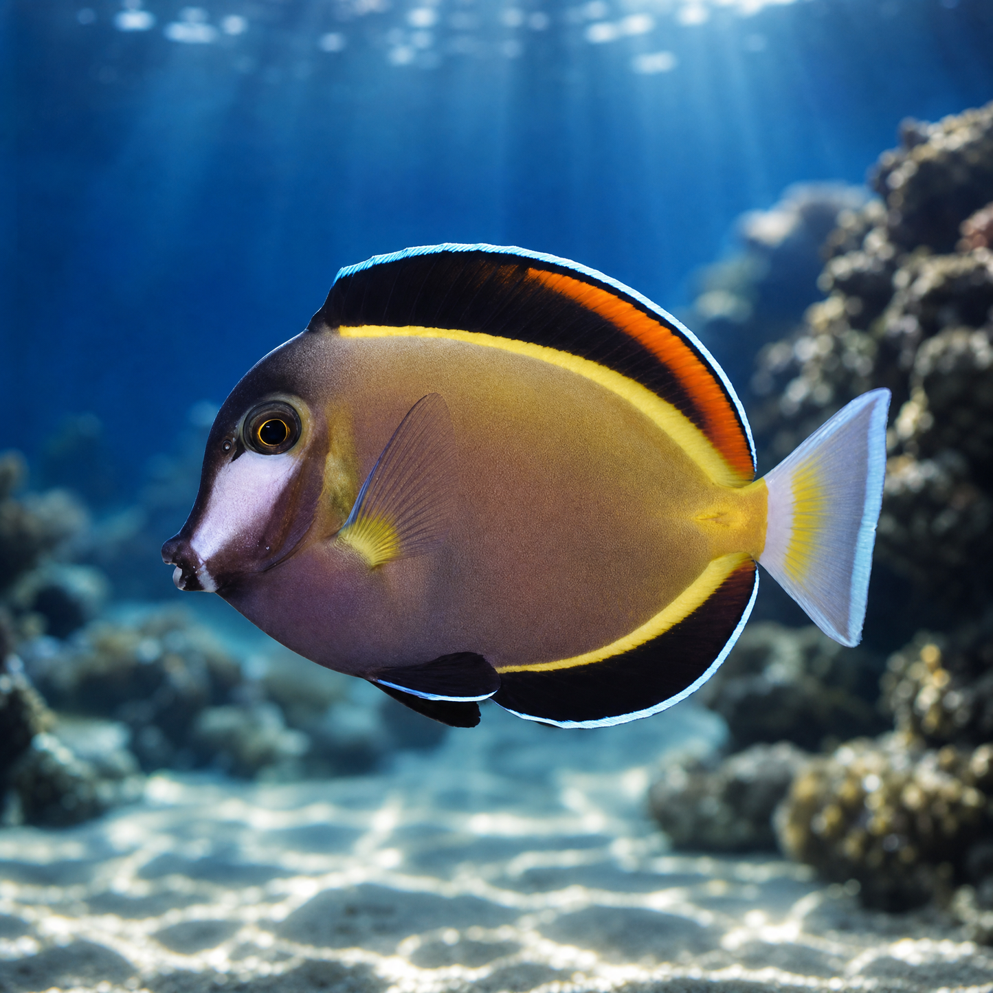 Powder Brown Tang (Acanthurus japonicus) saltwater reef fish with white cheek mask and orange dorsal streak