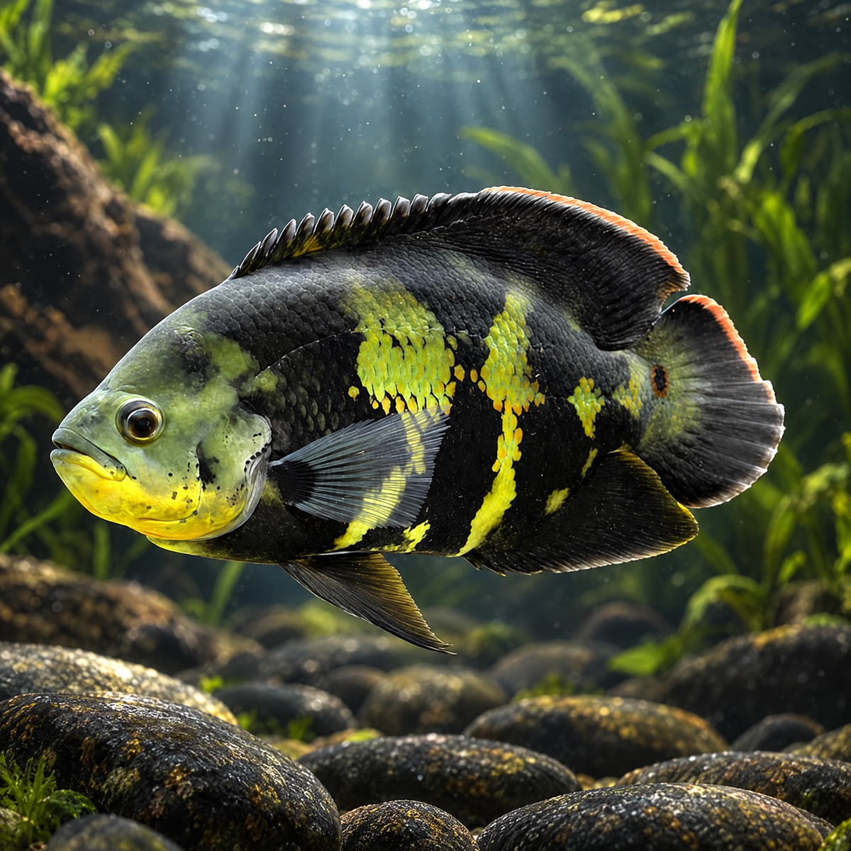 Wild Zebra Oscar (Astronotus ocellatus) freshwater cichlid, near-black body with bold yellow-green bars