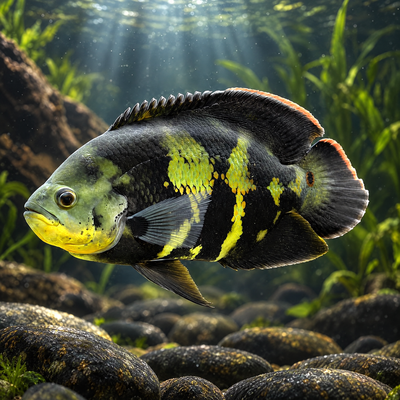 Wild Zebra Oscar (Astronotus ocellatus) freshwater cichlid, near-black body with bold yellow-green bars