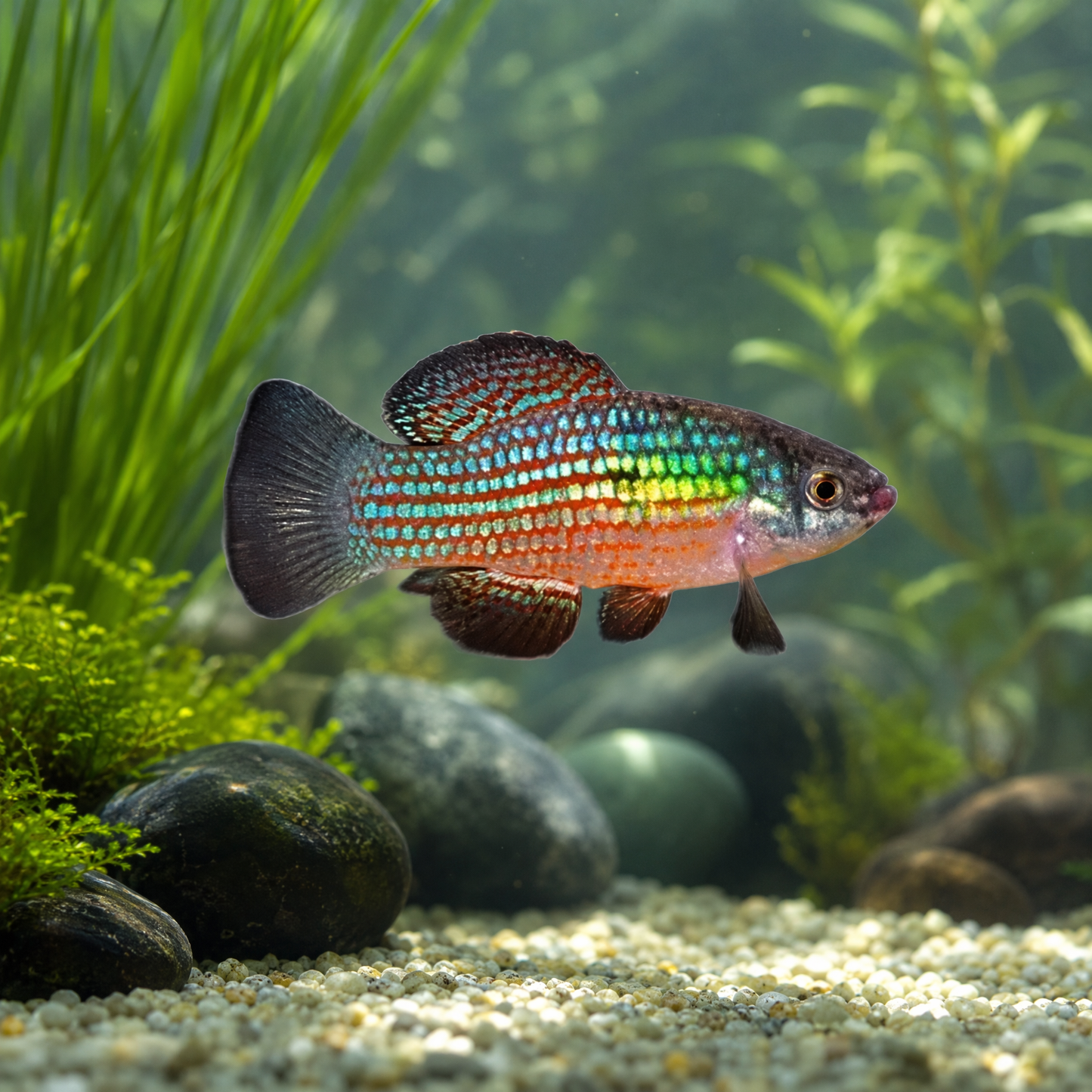 American Flagfish (Jordanella floridae) freshwater killifish, male showing red and green flag striping