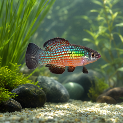 American Flagfish (Jordanella floridae) freshwater killifish, male showing red and green flag striping