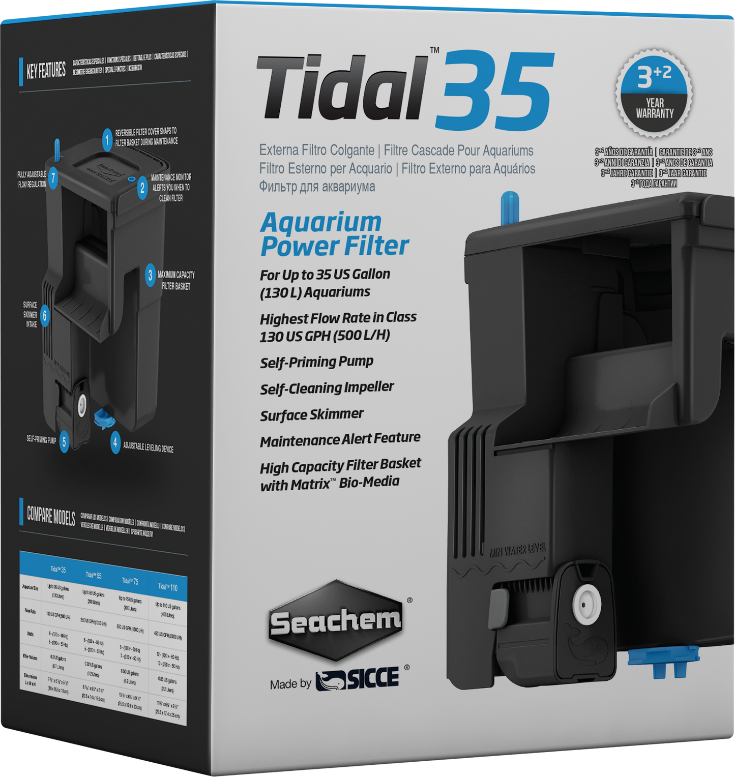 Seachem Tidal Power Filter, Tidal 35 hang-on-back aquarium filter retail box