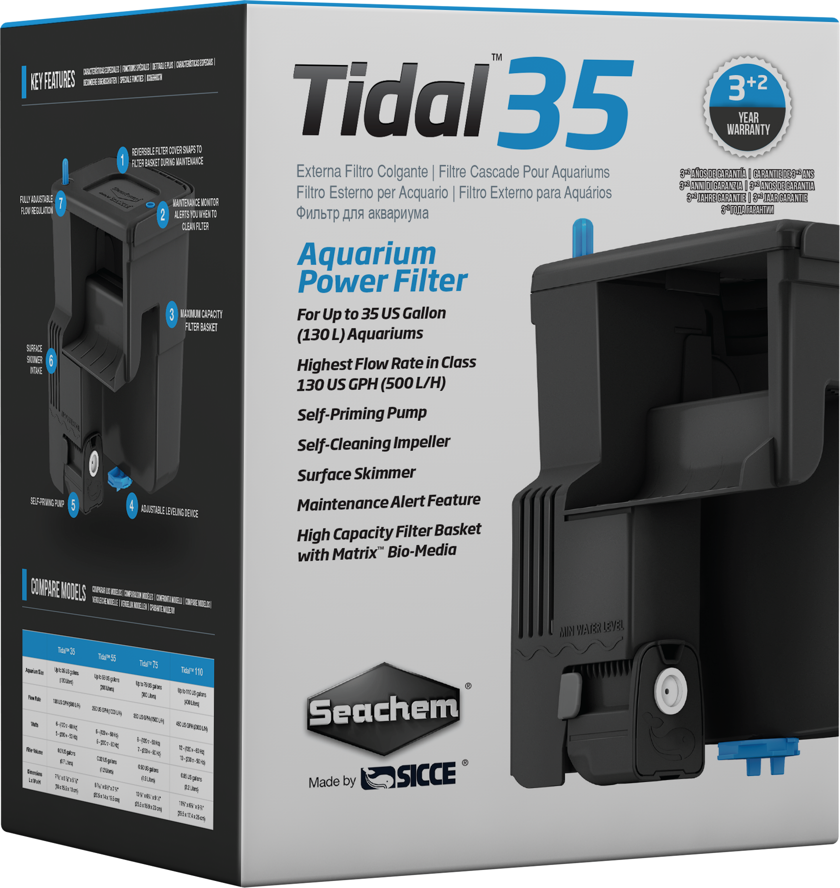 Seachem Tidal Power Filter, Tidal 35 hang-on-back aquarium filter retail box