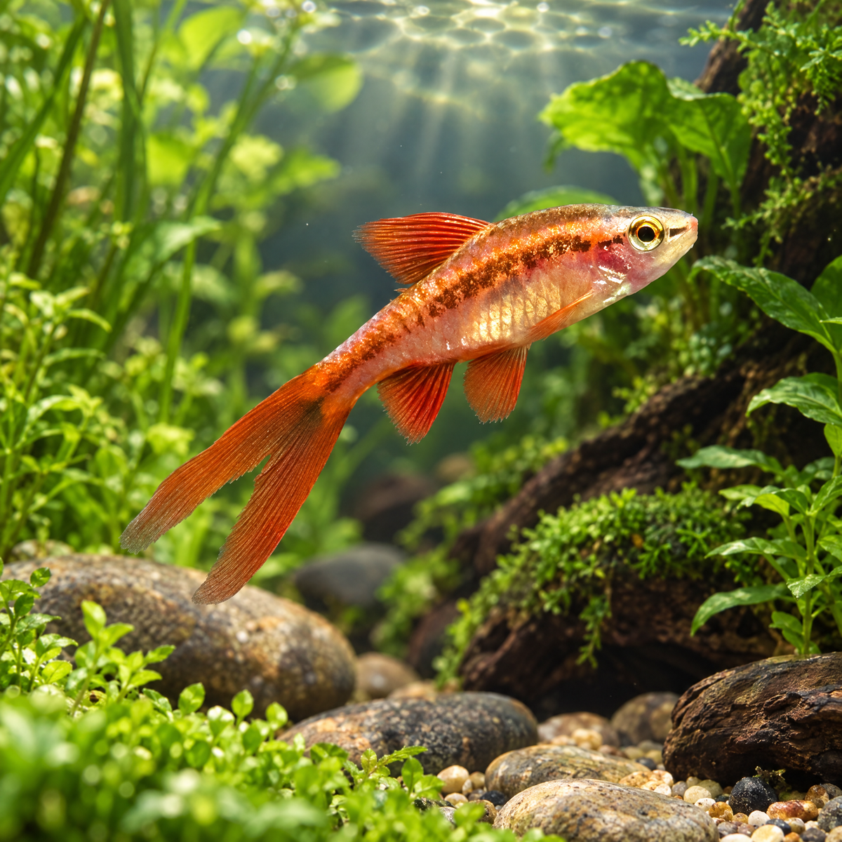 Long Fin Cherry Barb (Puntius titteya) freshwater fish with long flowing veil fins in a planted aquarium