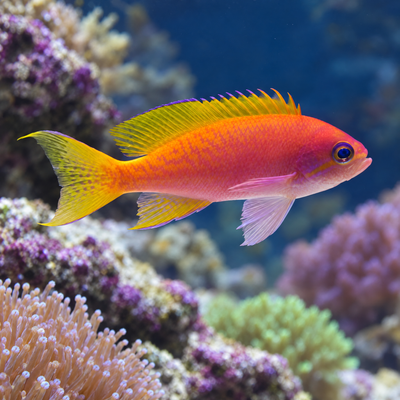 Bimaculatus Anthias Female (Pseudanthias bimaculatus) saltwater reef fish, orange-pink body with yellow tail and dorsal fin