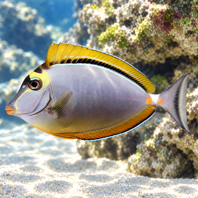 Blonde Naso Tang (Naso elegans) saltwater fish with golden dorsal fin and orange lips swimming over reef rock