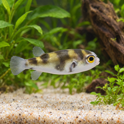 Amazon Puffer (Colomesus asellus) freshwater fish with golden black bands swimming in a planted aquarium