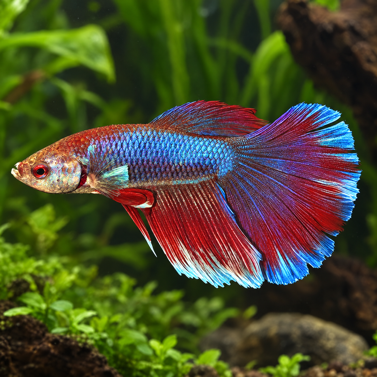 Super Delta Male Betta (Betta splendens) freshwater fish showing a broad fan tail in a planted aquarium