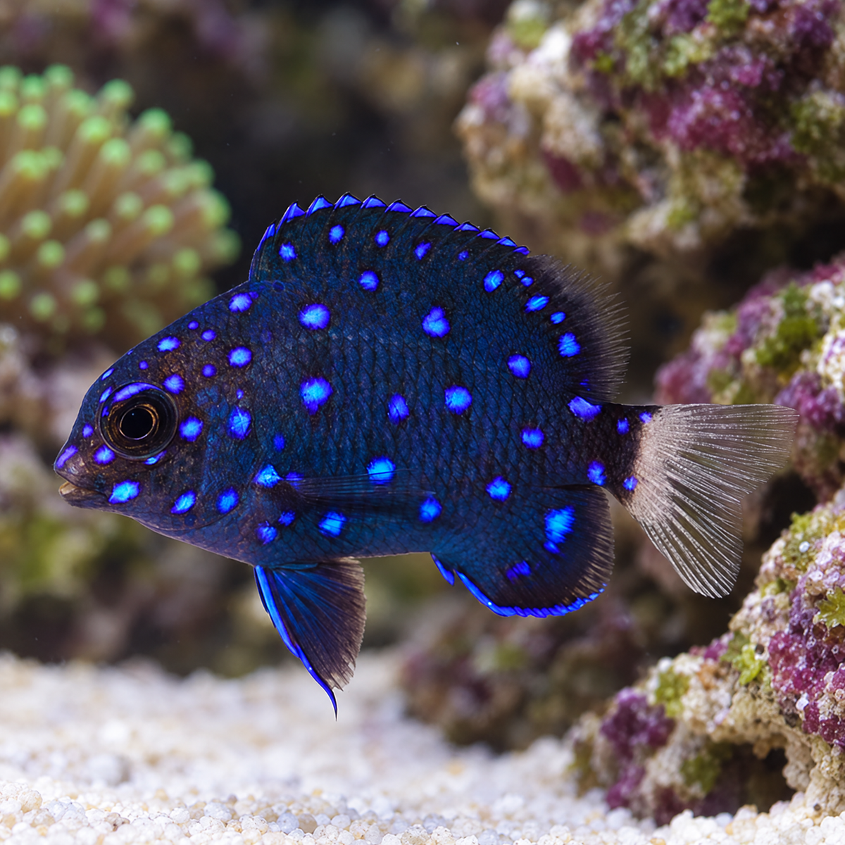 Atlantic Jewel Damsel (Microspathodon chrysurus) saltwater fish, juvenile with electric blue spots