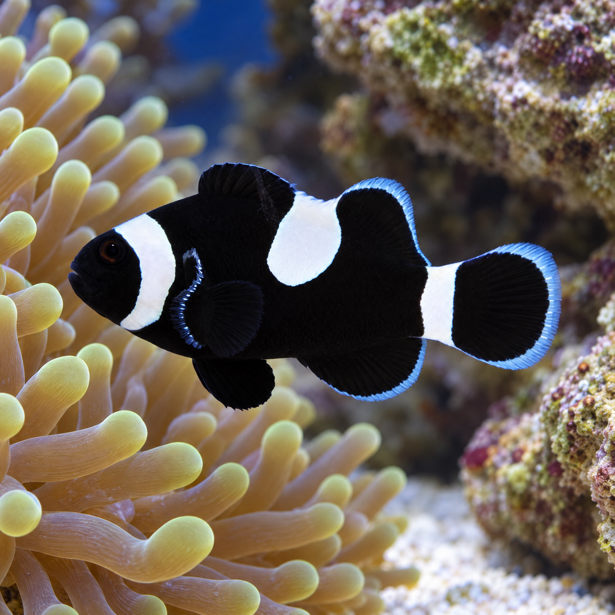 Darwin Misbar Ocellaris Clownfish (Amphiprion ocellaris) saltwater fish - black body with a broken white bar, by an anemone