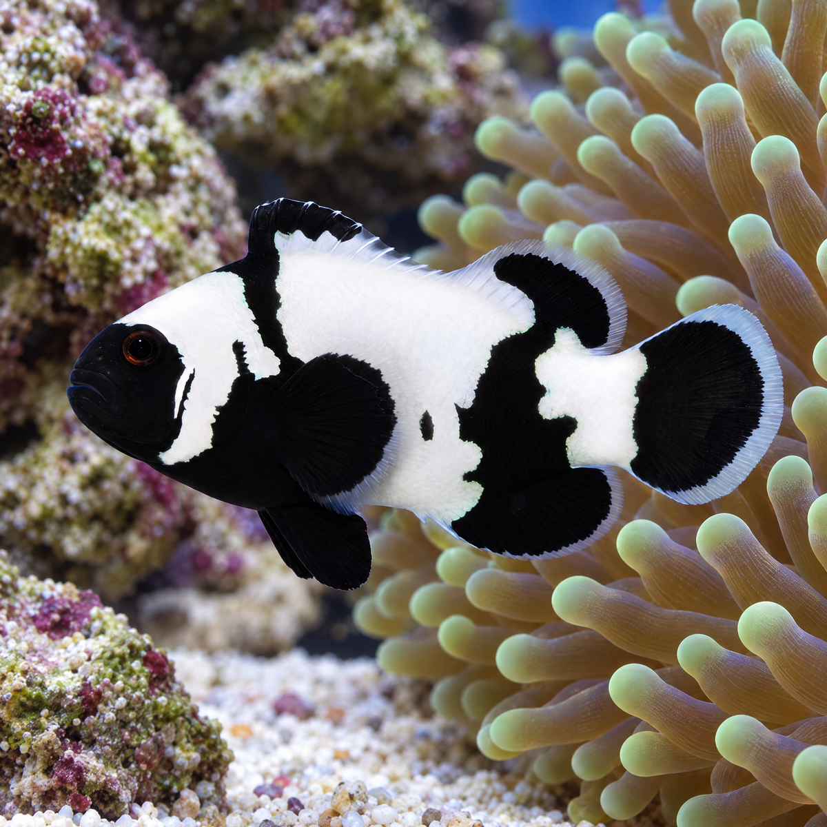 Phantom Clownfish (Amphiprion ocellaris) saltwater fish - jet black with jagged white snowflake markings, by an anemone