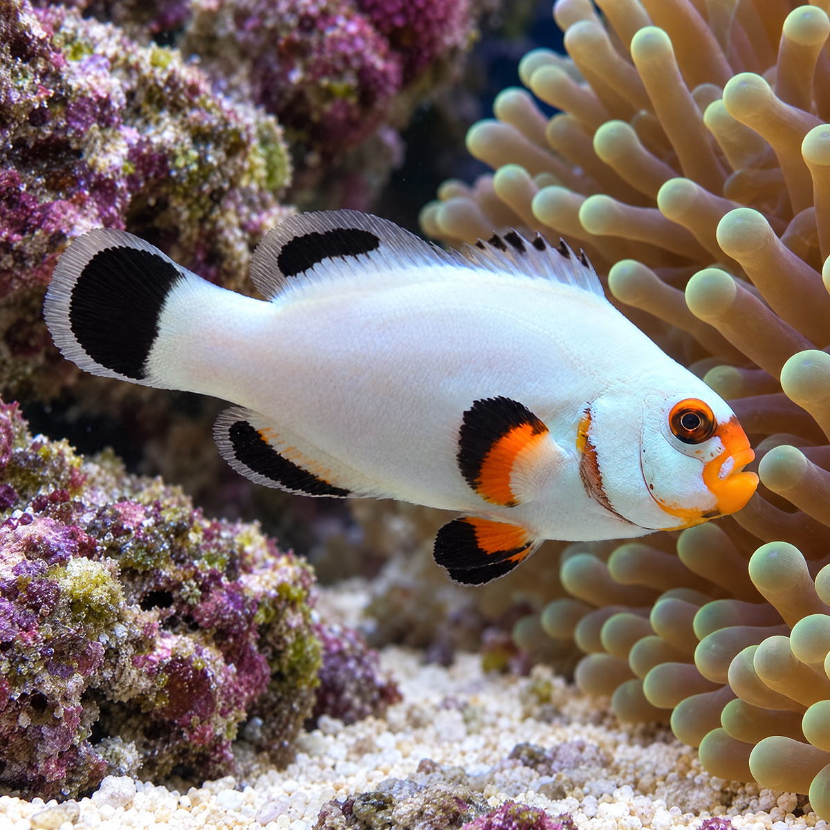 Platinum Percula Clownfish (Amphiprion percula) saltwater fish - white body, orange face and black fin trim, by an anemone