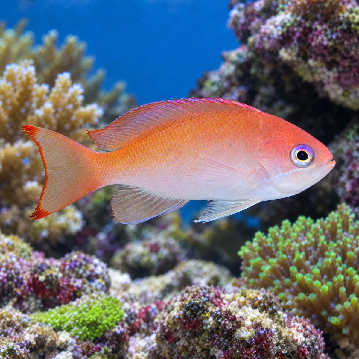 Stocky Anthias (Pseudanthias hypselosoma) saltwater reef fish swimming over live rock and corals