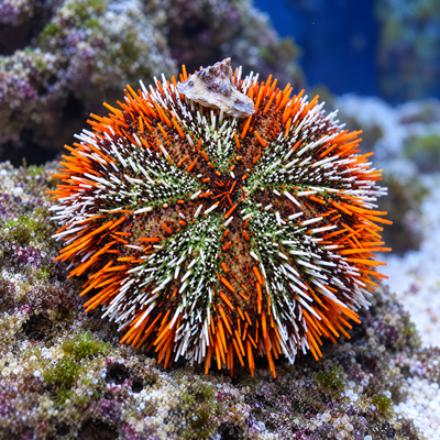 Orange Urchin (Pseudoboletia sp.) saltwater short-spined urchin with orange and white spines on live rock