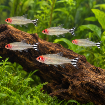 School of Brilliant Rummy Nose Tetras (Hemigrammus bleheri) with red heads and black and white striped tails swimming over driftwood in a planted aquarium
