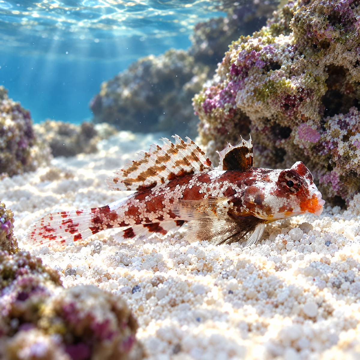 Red Scooter Dragonet (Synchiropus stellatus) saltwater fish, white body with red-brown mottling, perched on the sand