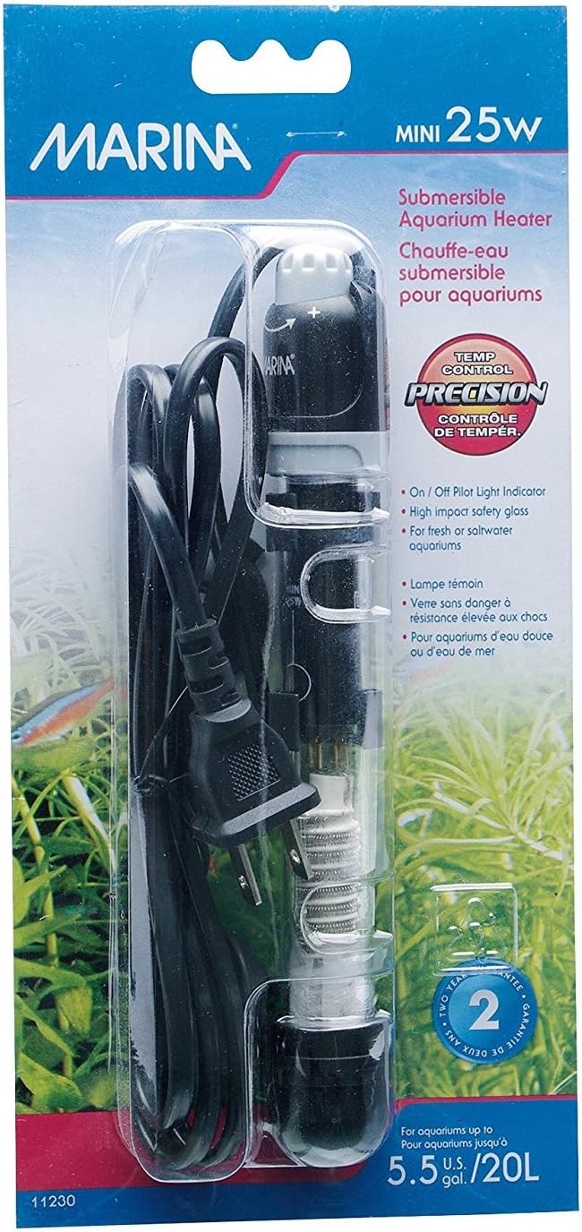 Marina Submersible Aquarium Heater 25W Mini in packaging, fully submersible glass heater with temperature control for fresh or saltwater tanks up to 5.5 gallons
