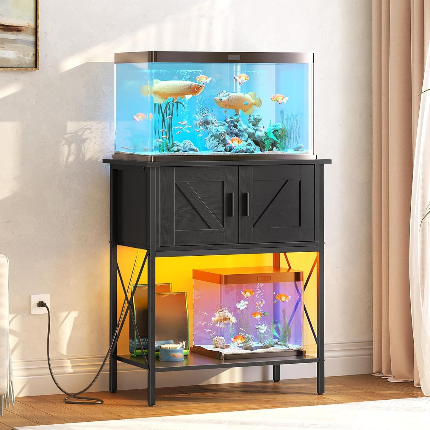 Aquarium stand with LED light and cabinet storage