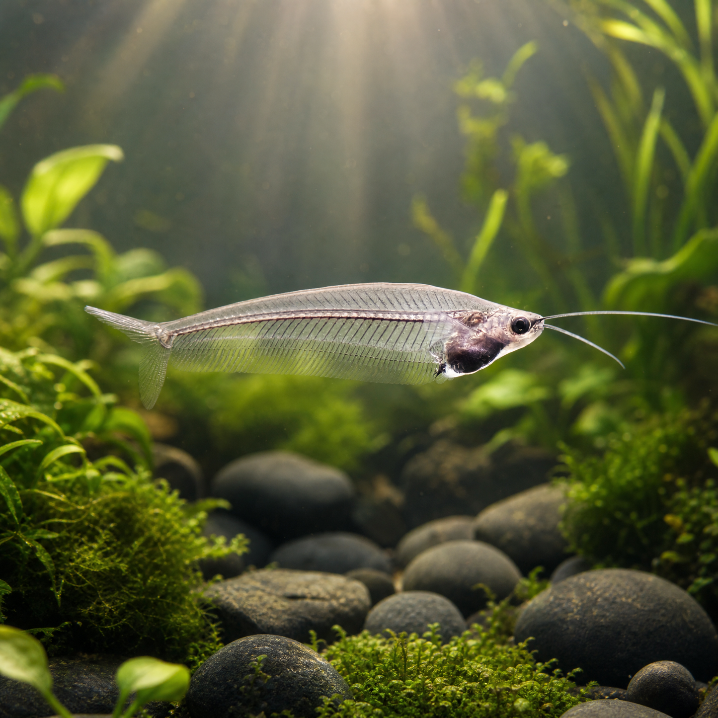 A small fish with long whiskers swims horizontally in a green aquarium with plants, moss, and dark stones. Sunlight streams down from the surface in the background.