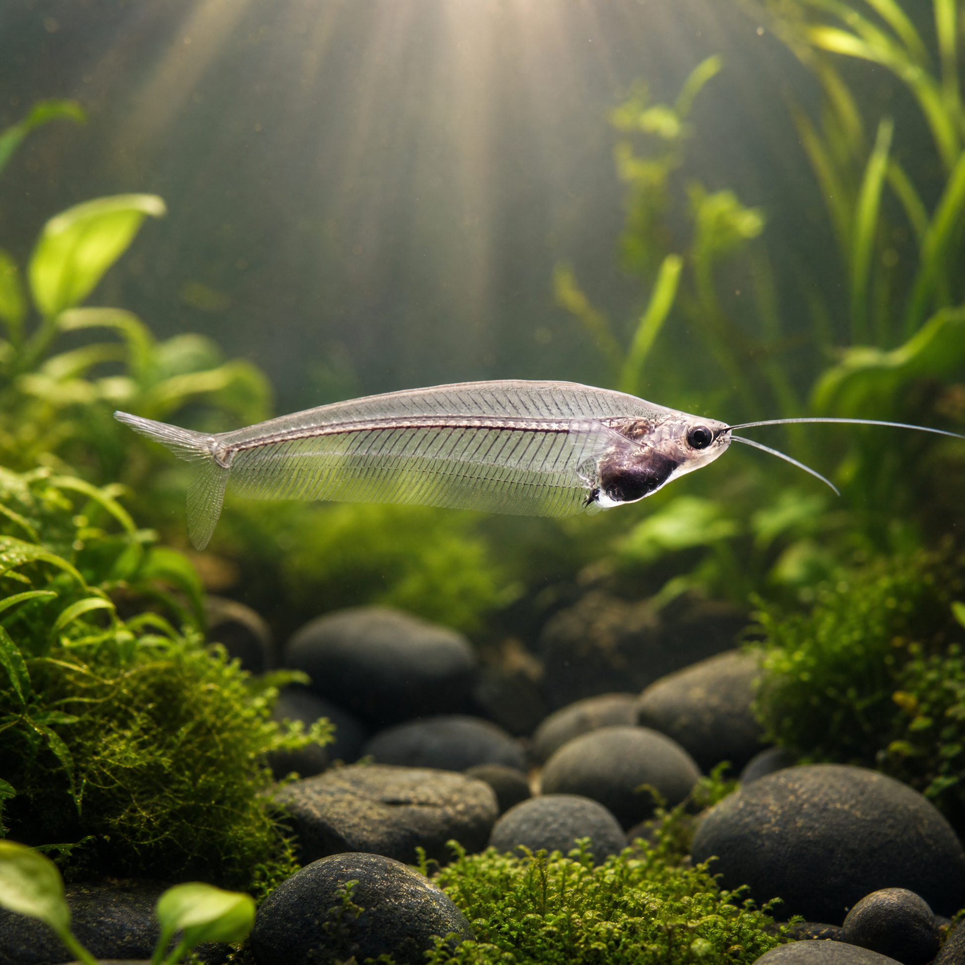 A small fish with long whiskers swims horizontally in a green aquarium with plants, moss, and dark stones. Sunlight streams down from the surface in the background.