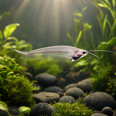A small fish with long whiskers swims horizontally in a green aquarium with plants, moss, and dark stones. Sunlight streams down from the surface in the background.