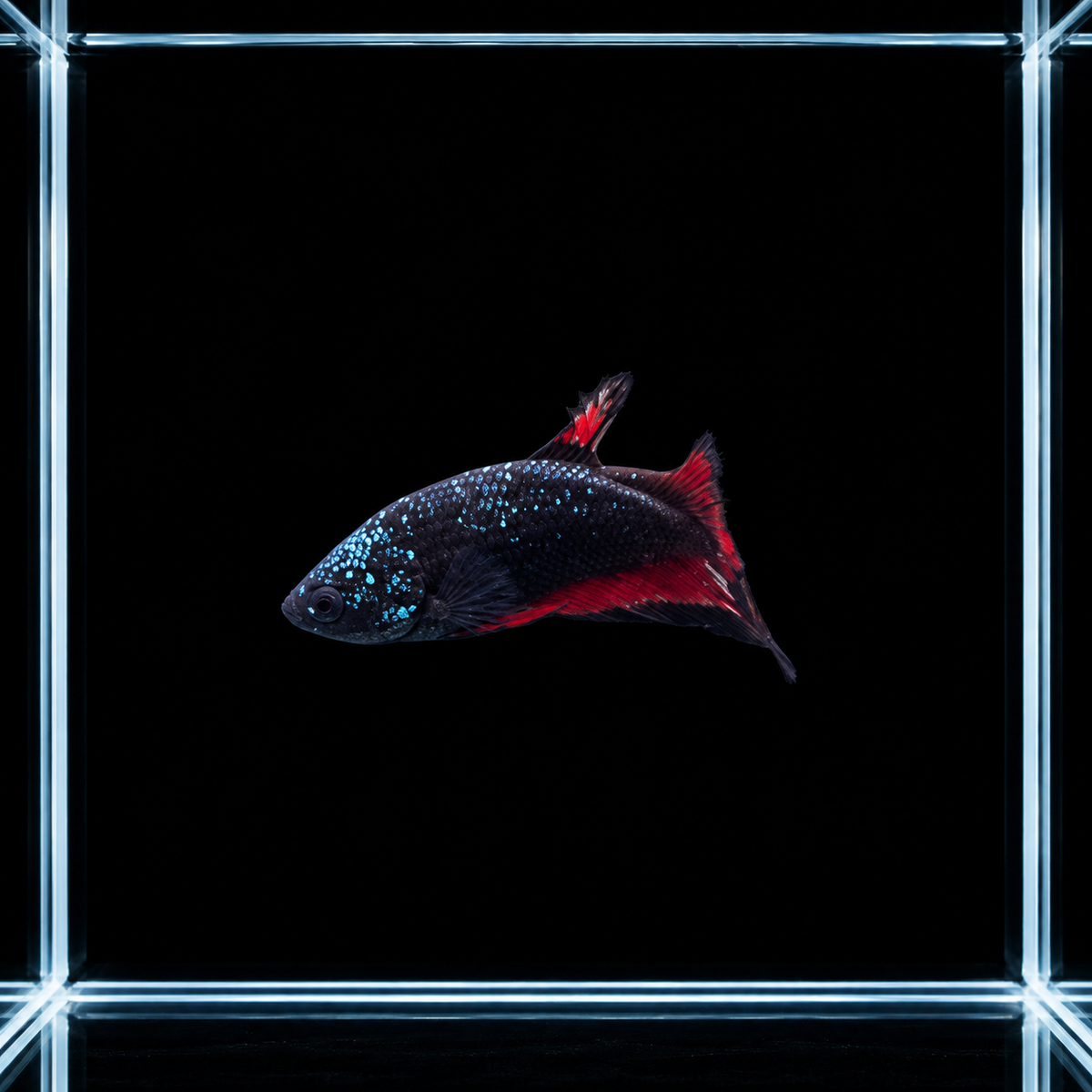 WYSIWYG photo of this exact blue starlight plakat male betta (Betta splendens), charcoal body, turquoise speckles, red fins