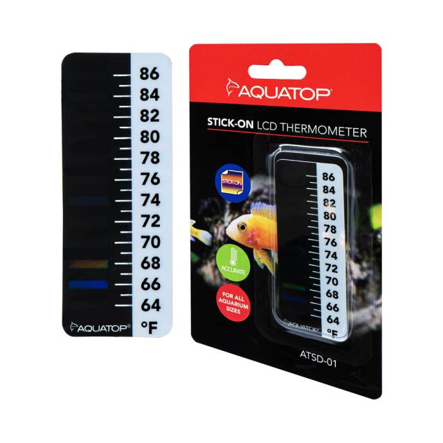 Aquatop ATSD-01 stick-on LCD thermometer strip beside its retail card