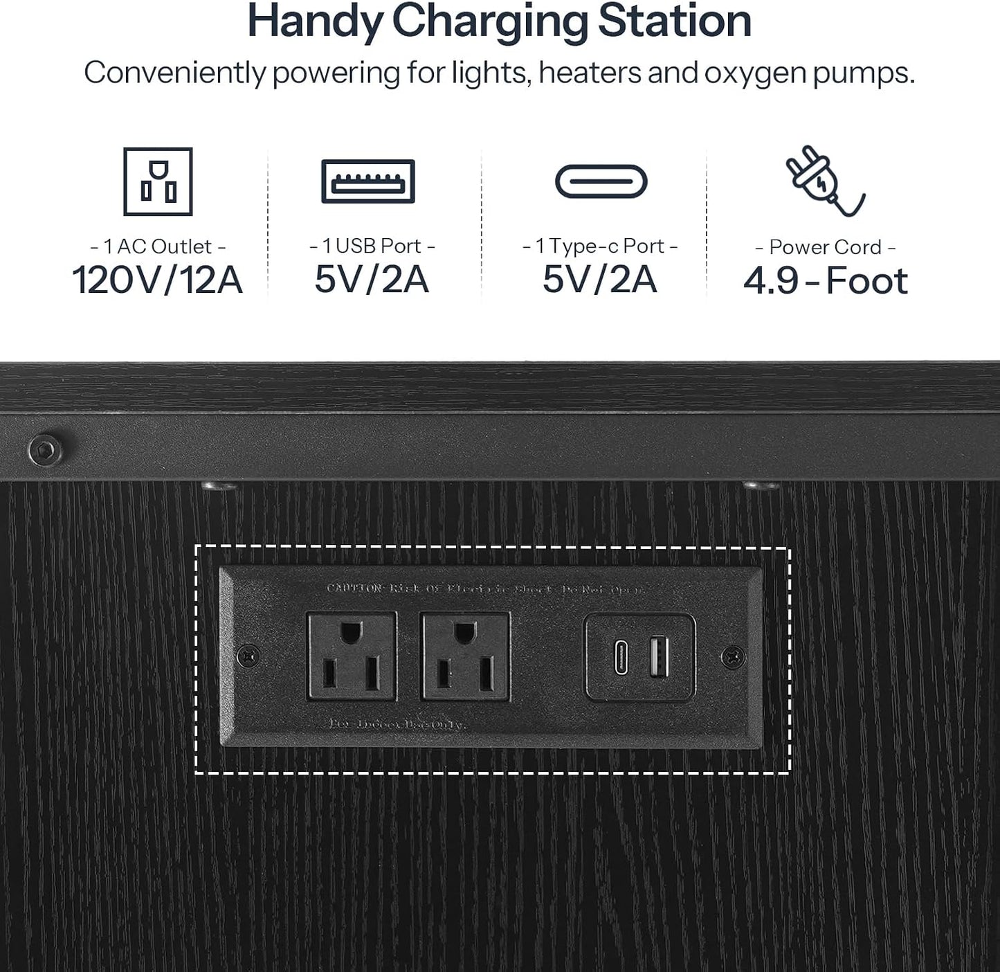 Aquarium stand power outlets and USB ports