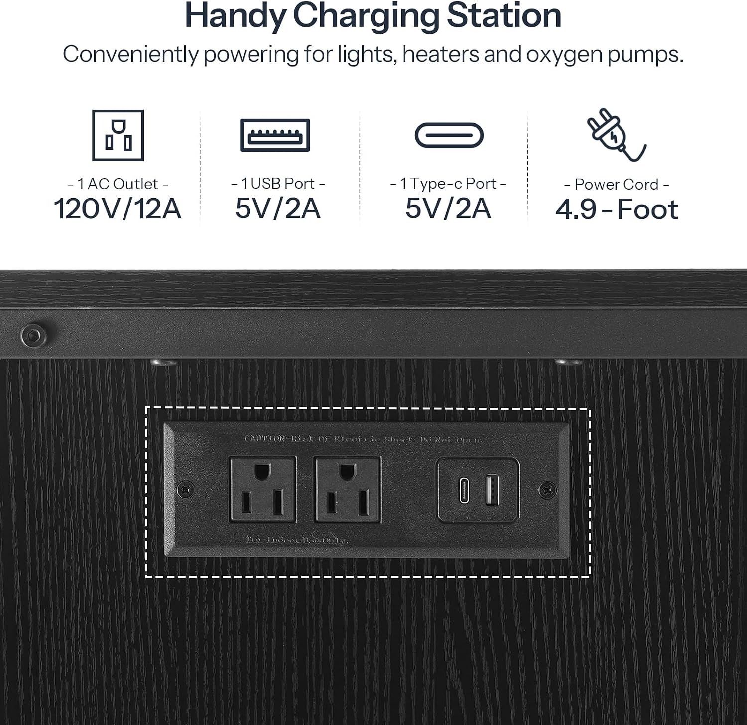 Aquarium stand power outlets and USB ports