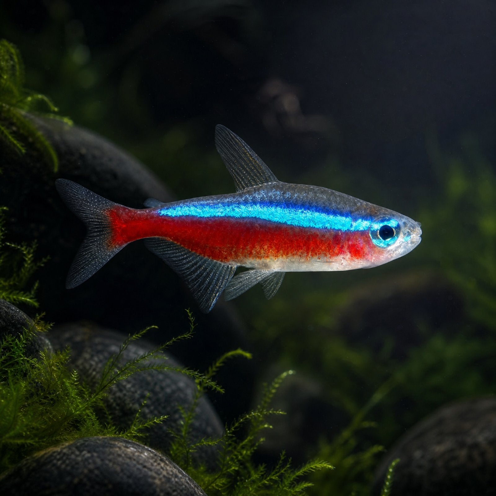 Cardinal Tetra (Paracheirodon axelrodi) freshwater schooling fish with full length red and blue stripe