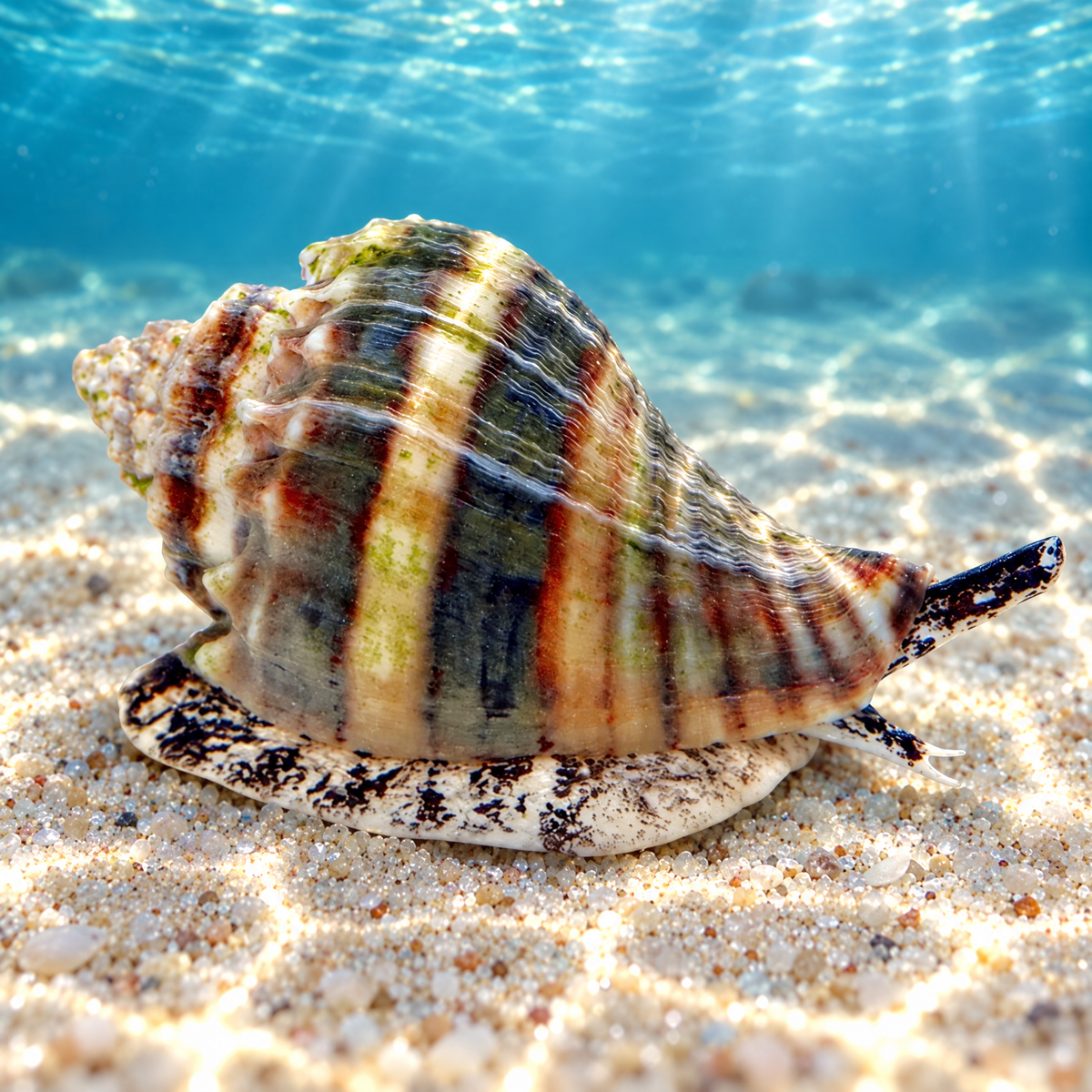 Crown Sand Conch (Strombus sp.) saltwater snail with a banded brown and cream shell crawling on the sand