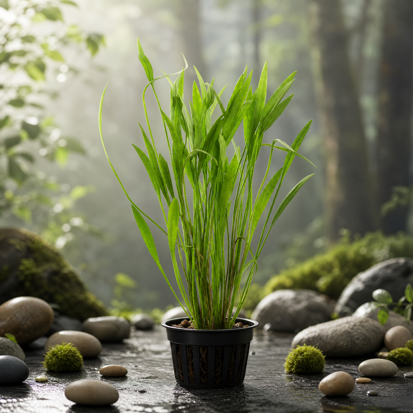 Narrow Leaf Chain Sword (Helanthium tenellum) potted live freshwater carpeting plant with narrow green blades