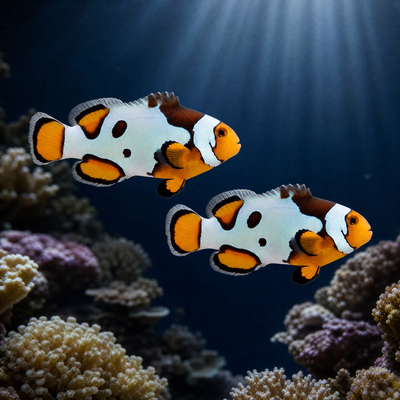 Premium Picasso Clownfish (Amphiprion percula) bonded pair, captive bred saltwater reef fish