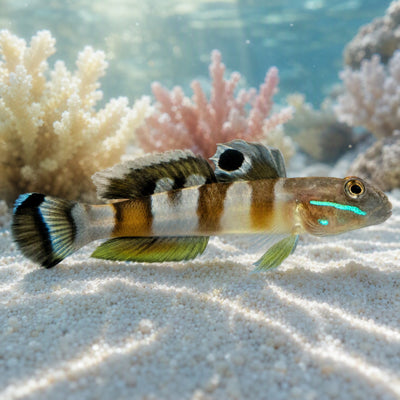 Tiger Watchman Goby (Valenciennea wardii) banded sand-sifting sleeper goby on white sand bed