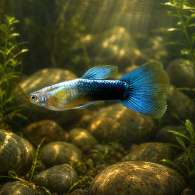 Blue Neon Tuxedo Guppy (Poecilia reticulata) male with metallic blue tail and dark tuxedo body
