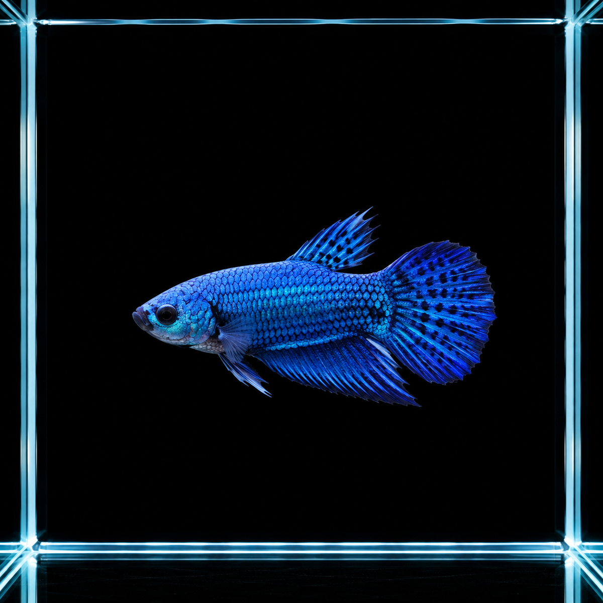 WYSIWYG photo of this exact blue alien male betta (Betta sp.), electric blue scaling with dark-spotted fins