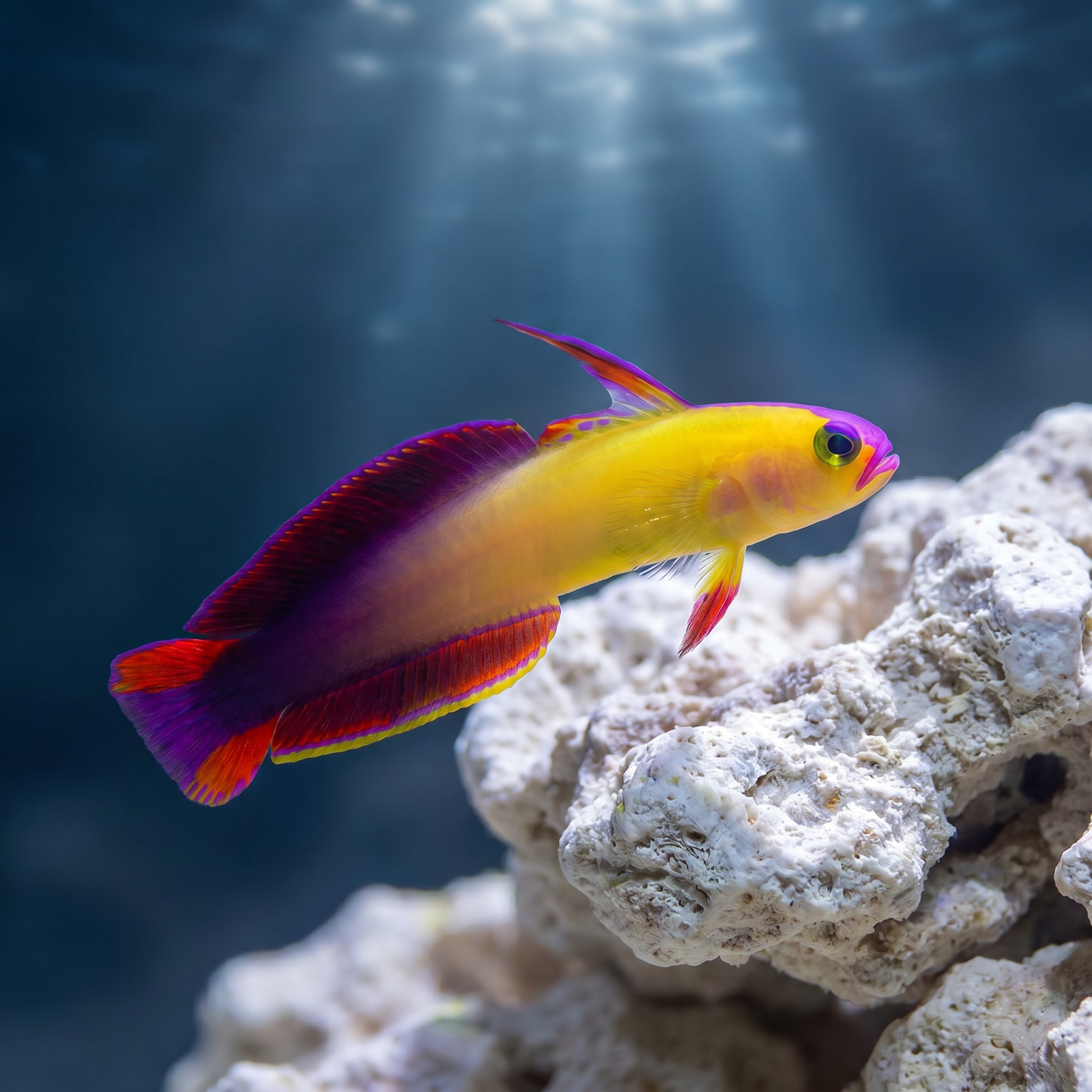 Exquisite Firefish Goby (Nemateleotris exquisita) saltwater dartfish with yellow head fading to red and maroon tail