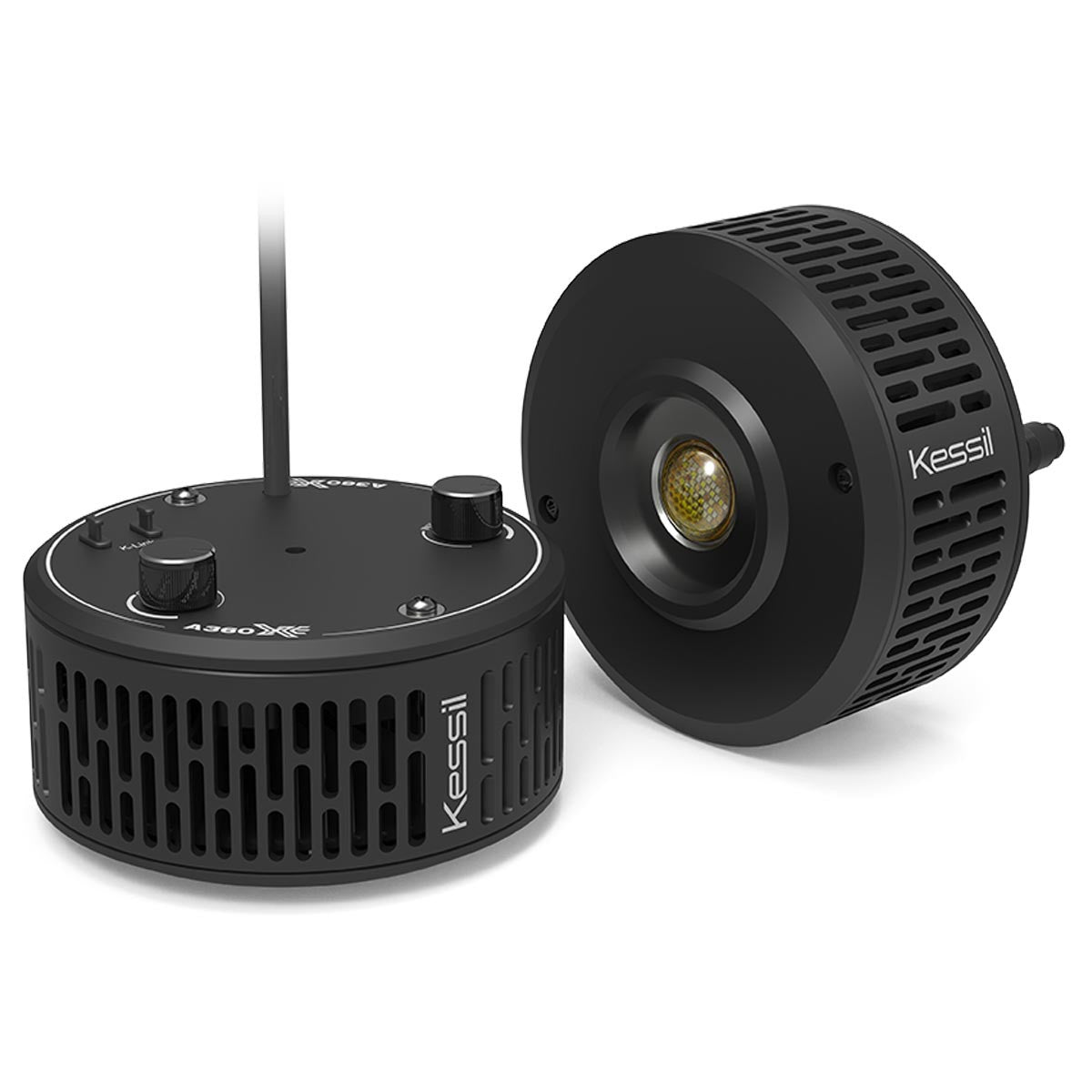 Kessil A360XE Tuna Blue LED reef aquarium light shown from two angles