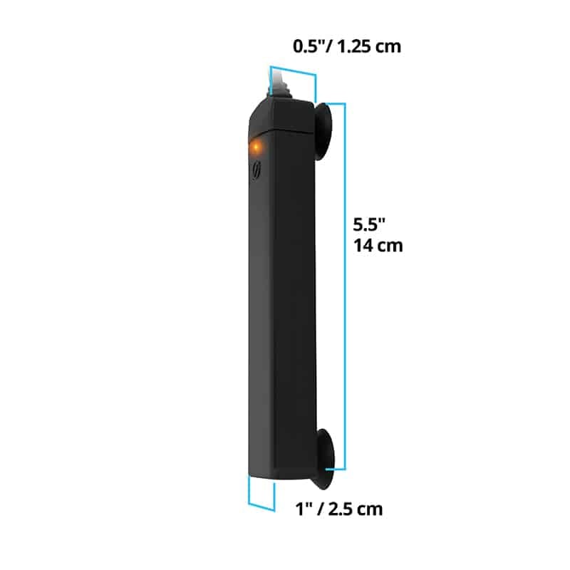 Fluval P10 nano heater dimensions diagram, 5.5 inches tall with a 1 inch suction cup base